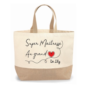 Sac cabas jute personnalisable cadeau Maîtresse, Atsem, Nounou grand coeur, Cadeau de fin d'année, école, original