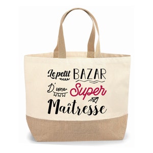 Sac cabas jute personnalisable cadeau Maîtresse, Atsem, Nounou bazar, Cadeau de fin d'année, école, original