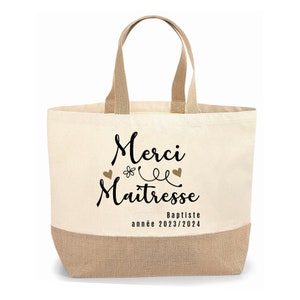 Sac cabas jute personnalisable cadeau Maîtresse, Atsem, Nounou merci or Bild 1