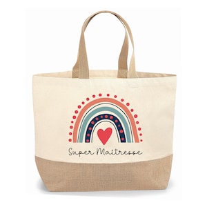 Sac cabas jute personnalisable cadeau Maîtresse, Atsem, Nounou Arc en ciel, Cadeau de fin d'année, école, original
