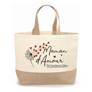 Sac cabas jute personnalisable cadeau pour maman, mamie, marraine, copine cœur souffle