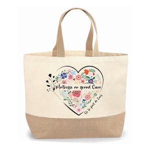 Sac cabas jute personnalisable cadeau Maîtresse, Atsem, Nounou coeur fleur multi, Cadeau de fin d'année, école, original