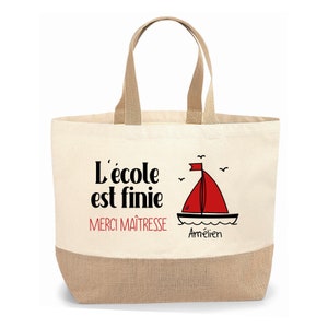 Sac cabas jute personnalisable cadeau Maîtresse, Atsem, Nounou bâteau, Cadeau de fin d'année, école, original
