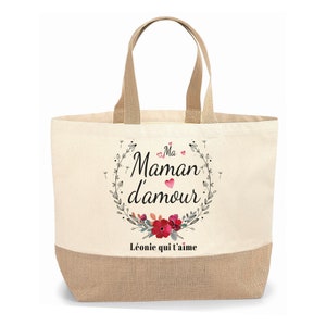 Sac cabas jute personnalisable cadeau pour maman, mamie, marraine, amie fleur rouge image 2