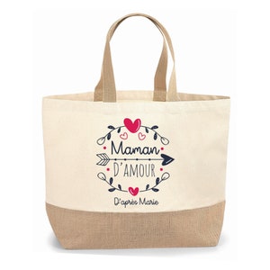 Sac cabas jute personnalisable cadeau pour maman, mamie, marraine, nounou or cœur