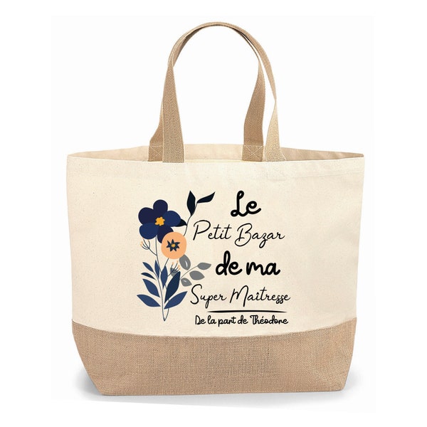 Sac cabas jute personnalisable cadeau Maîtresse, Atsem, Nounou petit bazar, Cadeau de fin d'année, école, original