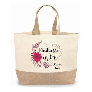 Sac cabas jute personnalisable cadeau Maîtresse, Atsem, Nounou coeur fleur, Cadeau de fin d'année, école, original