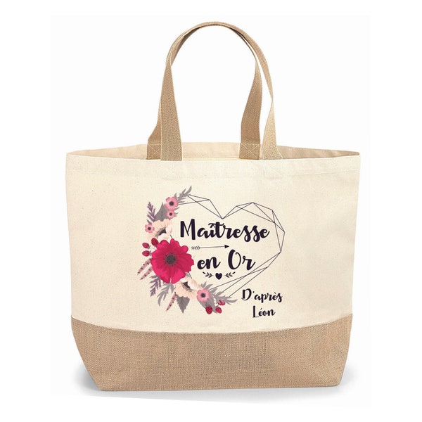 Customizable jute shopping bag gift for Mistress, Atsem, Nanny heart flower, End of year gift, school, original