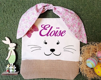 Sac de Pâques / Panier lapin motif fleur rose (badge gratuit)