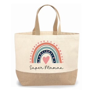 Sac cabas jute personnalisable pour maman, mamie, marraine, amie arc en ciel