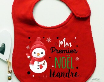 Bavoir mon premier Noël rouge bonhomme neige, prénom personnalisable