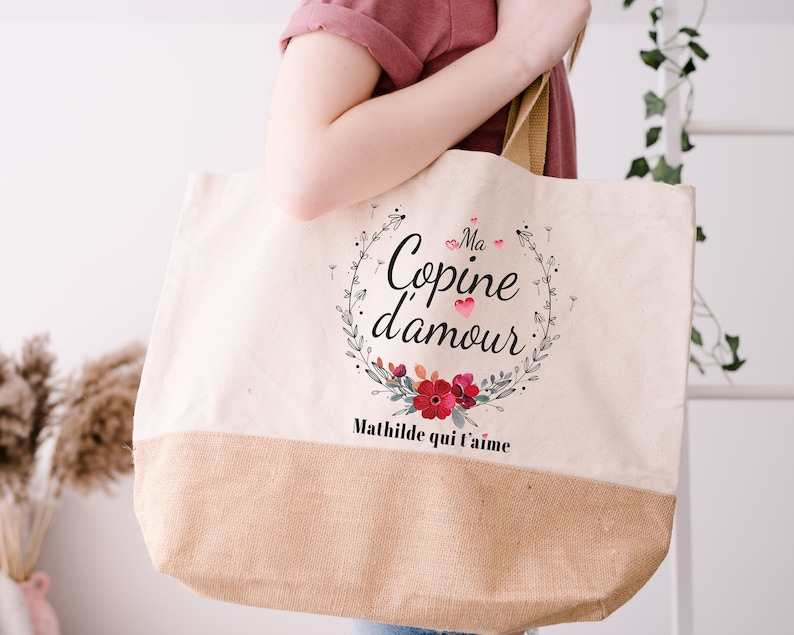 Sac cabas jute personnalisable cadeau pour maman, mamie, marraine, amie fleur rouge image 4