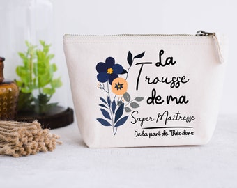 Trousse coton naturel personnalisable cadeau Maîtresse, Atsem, Nounou Fleur bleu