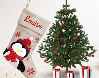 Chaussette Noël personnalisée jute, pingouin avec le prénom de votre choix