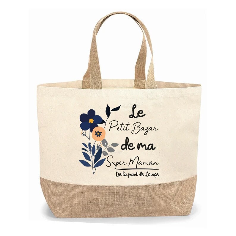 Sac cabas jute personnalisable pour maman, mamie, marraine, amie fleur bleu image 2