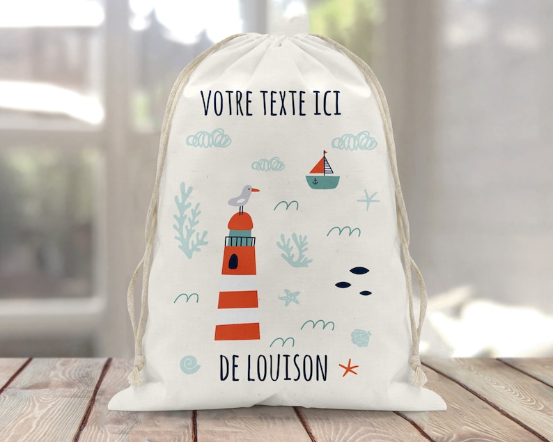 Sac à doudou / pochon / pochette avec lien personnalisé en coton pour enfant 3 tailles Phare image 2