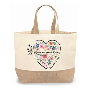 Sac cabas jute personnalisable cadeau pour maman, mamie, marraine, nounou or cœur fleur image 1