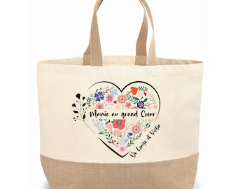 Sac cabas jute personnalisable cadeau pour maman, mamie, marraine, nounou or cœur fleur