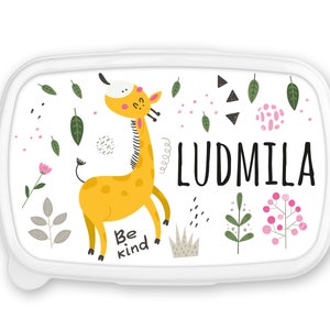 Boîte à goûter repas, lunch box, rentrée école, pour enfant prénom personnalisable - girafe feuille