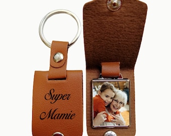 Porte-clé en similicuir personnalisable avec photo et mot pour mamie - cadeau Mamie - cadeau Fête des grands-mères - 4 différentes couleurs