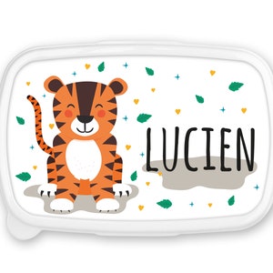 Boîte à goûter repas, lunch box, rentrée école, pour enfant prénom personnalisable - tigre feuille