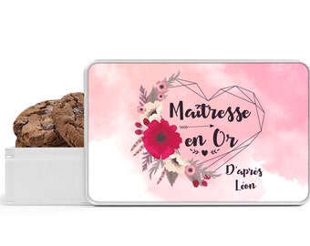 Boite métal rangement personnalisable cadeaux Maîtresse, Atsem, Nounou Coeur Fleur