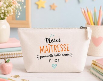 Trousse coton naturel personnalisable cadeau Maîtresse, Atsem, Nounou, fin d'année scolaire pour cette belle année