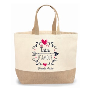 Sac cabas jute personnalisable cadeau pour maman, mamie, marraine, nounou or cœur image 3