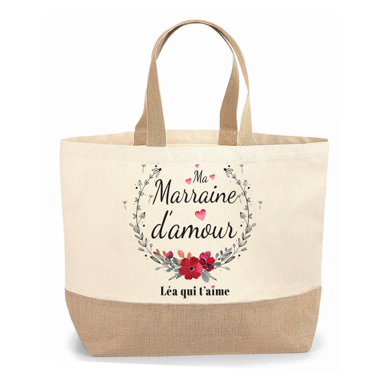 Sac cabas jute personnalisable cadeau pour maman, mamie, marraine, amie fleur rouge image 3