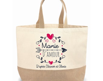 Sac cabas jute personnalisable cadeau pour maman, mamie, marraine, nounou or cœur