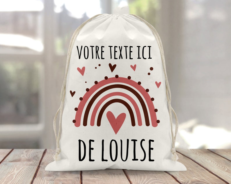 Sac à doudou / pochon / pochette avec lien personnalisé en coton pour enfant 3 tailles Arc en ciel rose image 2