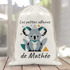 Sac à doudou / pochon / pochette avec lien personnalisé en coton pour enfant 3 tailles koala gris géométrique