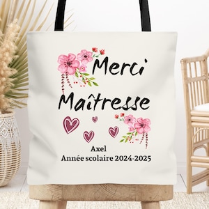 Tote bag cabas Maîtresse, Atsem, Nounou personnalisable fleur rose, Cadeau de fin d'année, école, original