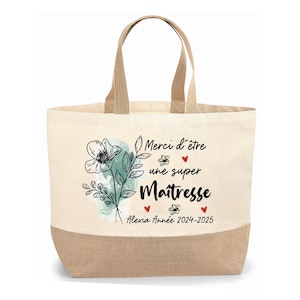 Sac cabas jute personnalisable cadeau Maîtresse, Atsem, Nounou fleur turquoise, Cadeau de fin d'année, école, original