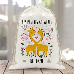 Sac à doudou / pochon / pochette avec lien personnalisé en coton pour enfant 3 tailles girafe