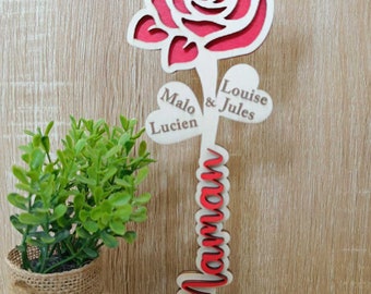 Rose en bois Mamie Maman Marraine personnalisé avec les prénoms des enfants, cadeau fait main, cadeau Fête des grands-mères, fête des mères.