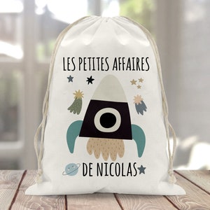 Sac à doudou / pochon / pochette avec lien personnalisé en coton pour enfant 3 tailles Fusée