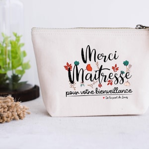 Trousse coton naturel personnalisable cadeau Maîtresse, école Atsem, Nounou fleurs