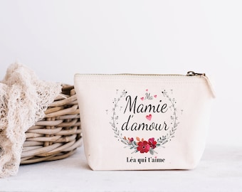 Trousse coton naturel personnalisable pour Maman, Mamie, Marraine fleur rouge