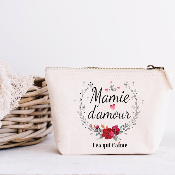 Trousse coton naturel personnalisable pour Maman, Mamie, Marraine fleur rouge