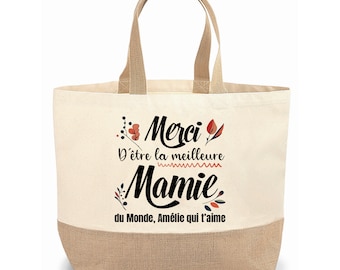 Sac cabas jute personnalisable cadeau pour maman, mamie, marraine, nounou fleur orange