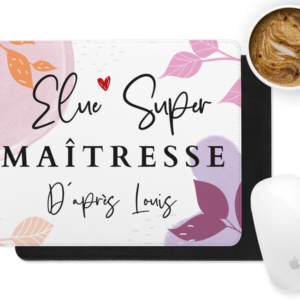 Tapis de souris simili cuir personnalisable cadeau Maîtresse, Atsem, Nounou fleur multi