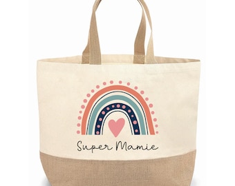 Sac cabas jute personnalisable pour maman, mamie, marraine, amie arc en ciel