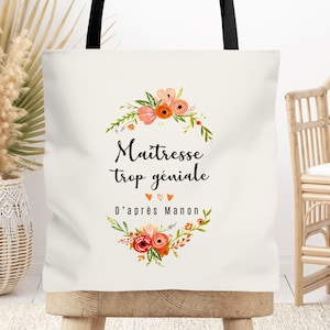 Tote bag cabas Maîtresse, Atsem, Nounou personnalisable fleur orange, Cadeau de fin d'année, école, original