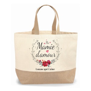 Sac cabas jute personnalisable cadeau pour maman, mamie, marraine, amie fleur rouge image 1