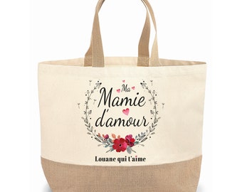 Sac cabas jute personnalisable cadeau pour maman, mamie, marraine, amie fleur rouge