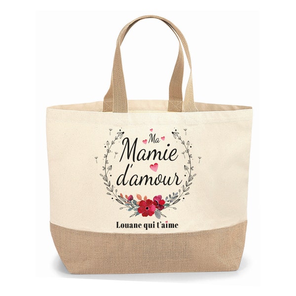 Sac cabas jute personnalisable cadeau pour maman, mamie, marraine, amie fleur rouge