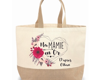 Sac cabas jute personnalisable cadeau pour maman, mamie, marraine, copine cœur fleur