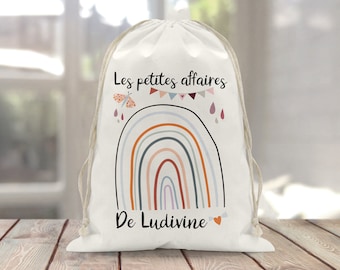 Sac à doudou / pochon / pochette avec lien personnalisé en coton pour enfant 3 tailles arc en ciel papillon