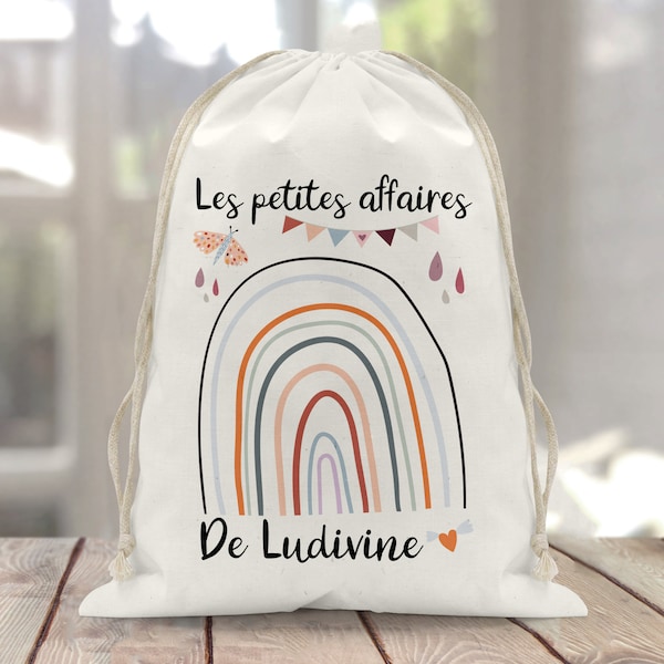 Sac à doudou / pochon / pochette avec lien personnalisé en coton pour enfant 3 tailles arc en ciel papillon